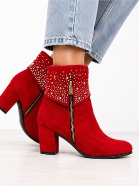 Red Rhinestone Ankle Boots EU 37 US 6.5 Block Heel Statement Booties